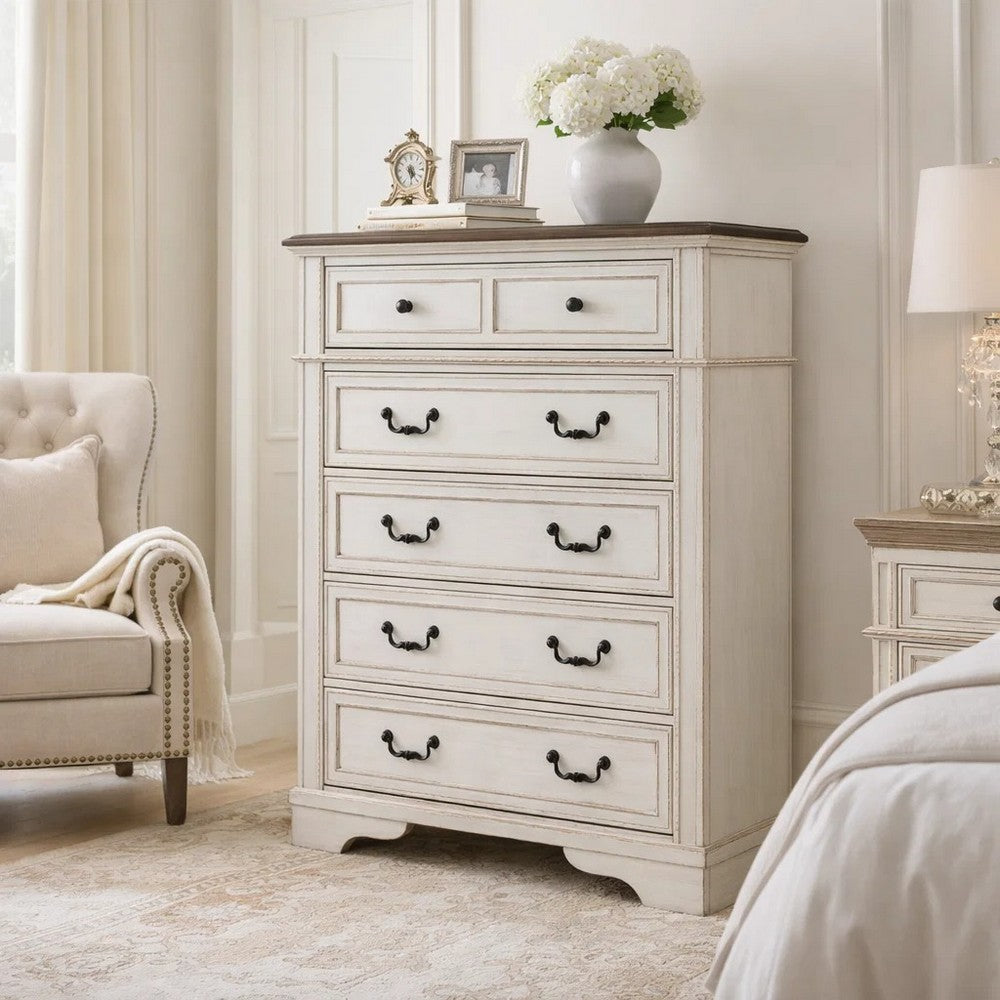 Bely Tall Dresser Chest | 5 Drawers | Chipped White | Farmhouse Brown Top