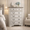 Bely Tall Dresser Chest | 5 Drawers | Chipped White | Farmhouse Brown Top