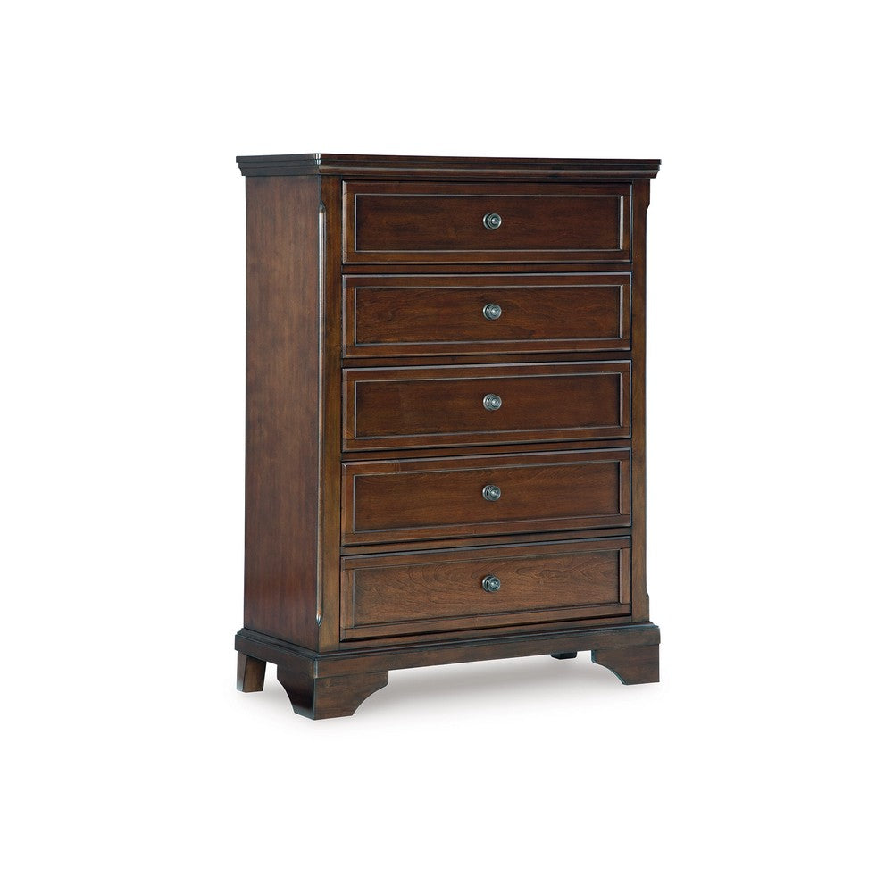 Trix Tall Dresser Chest | 5 Drawer Dark Bronze Knobs | Classic Cherry Brown