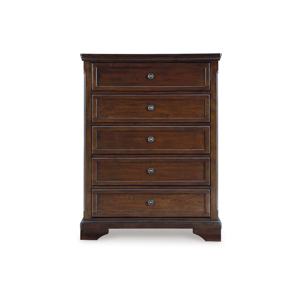 Trix Tall Dresser Chest | 5 Drawer Dark Bronze Knobs | Classic Cherry Brown