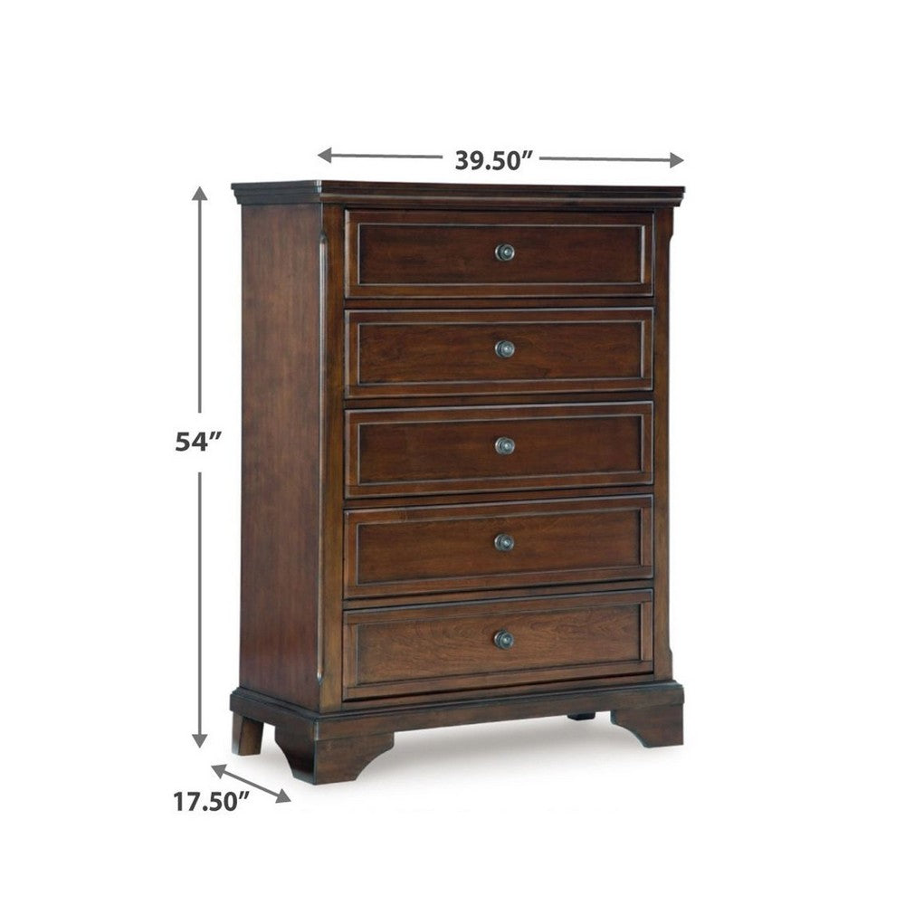 Trix Tall Dresser Chest | 5 Drawer Dark Bronze Knobs | Classic Cherry Brown