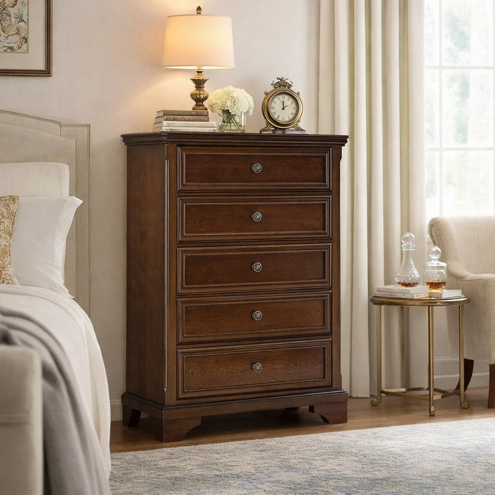 Trix Tall Dresser Chest | 5 Drawer Dark Bronze Knobs | Classic Cherry Brown