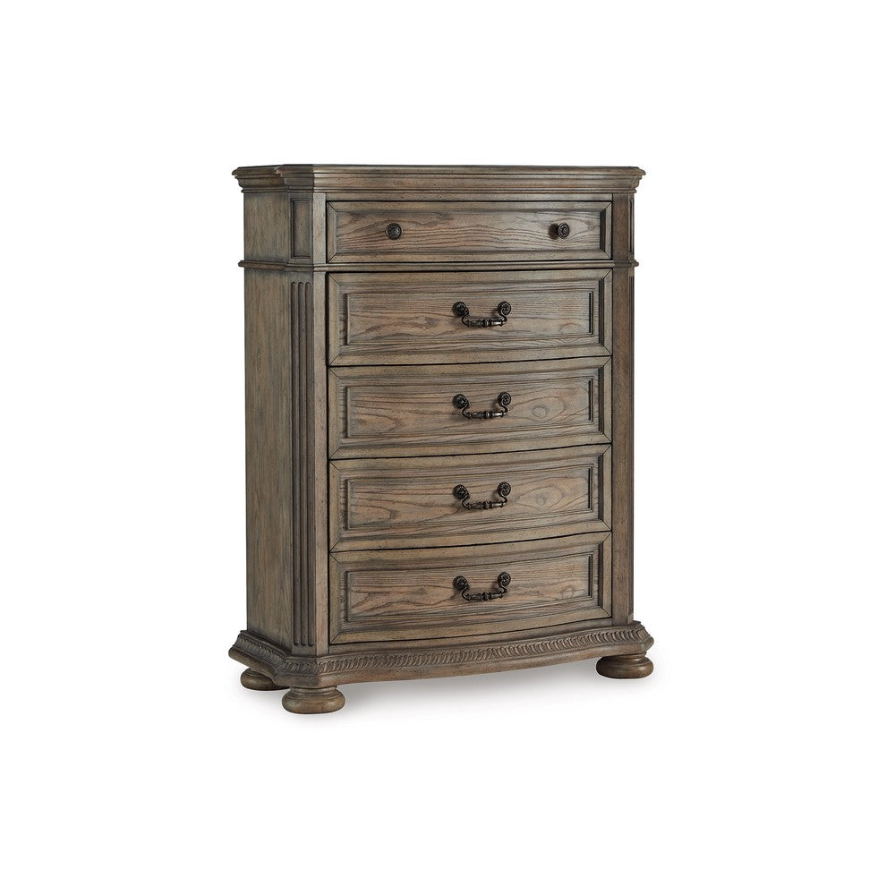 Arie Tall Dresser Chest | 5 Drawers w Aged Bronze Handles | Light Brown