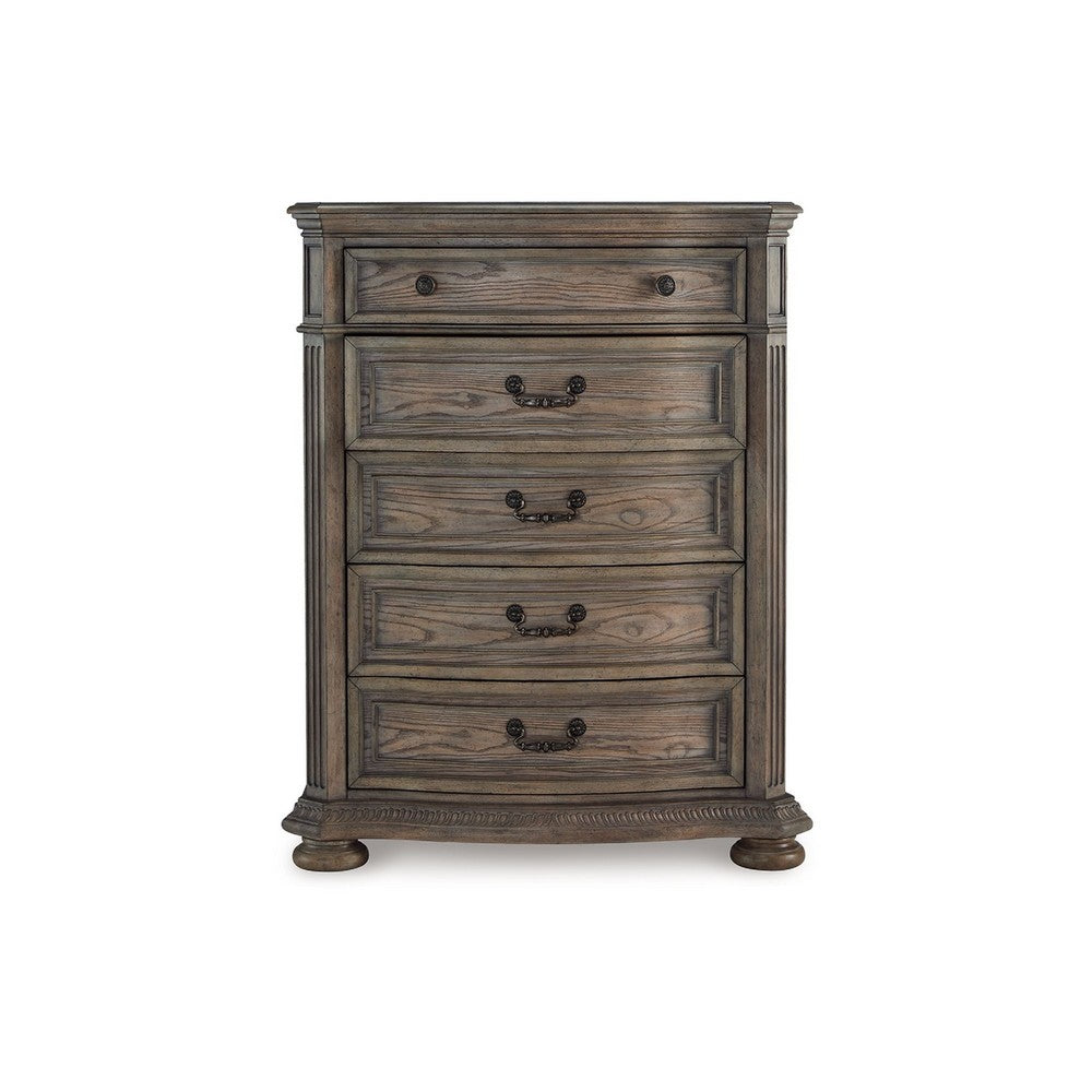 Arie Tall Dresser Chest | 5 Drawers w Aged Bronze Handles | Light Brown