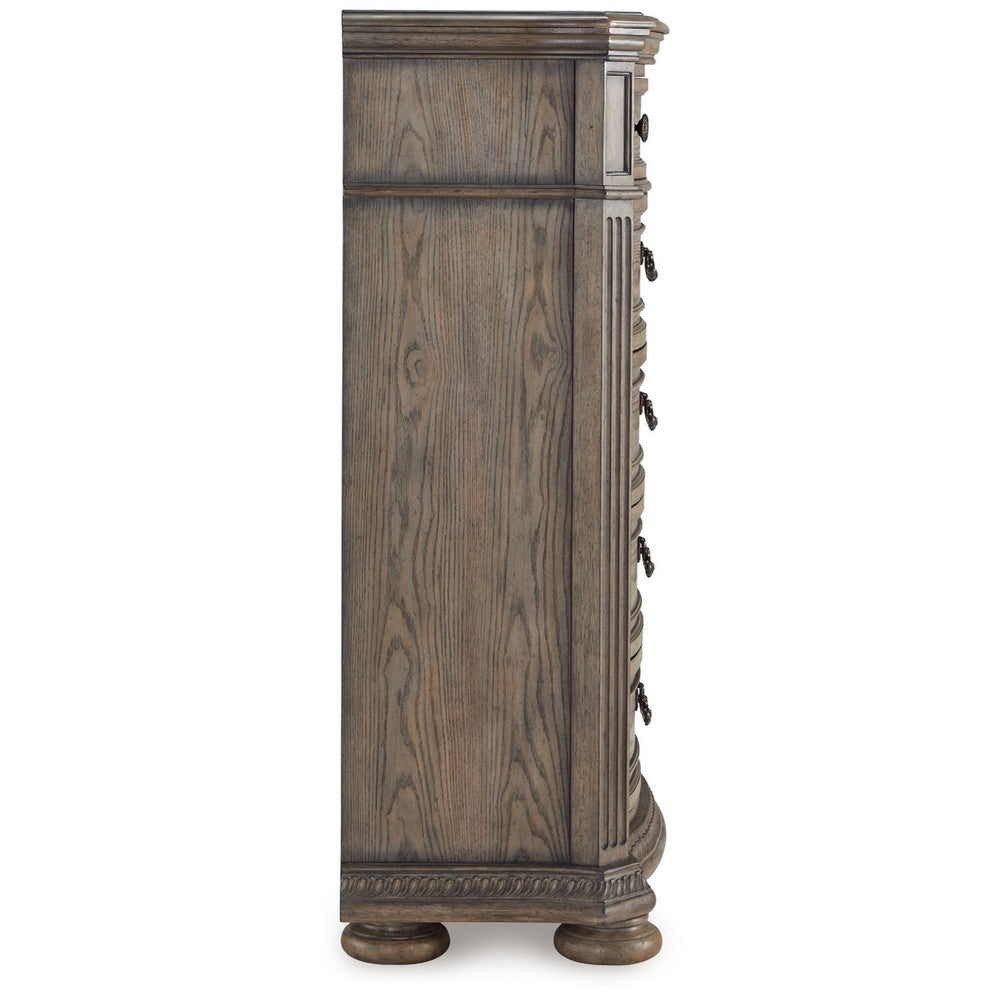 Arie Tall Dresser Chest | 5 Drawers w Aged Bronze Handles | Light Brown