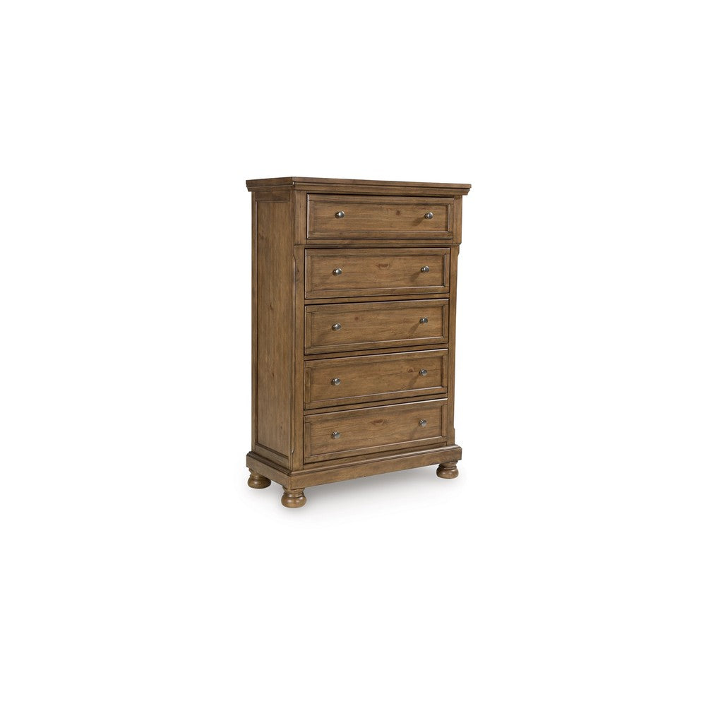 Fedz Tall Dresser Chest | 5 Drawers w Pewter Gray Knobs | Chestnut Brown