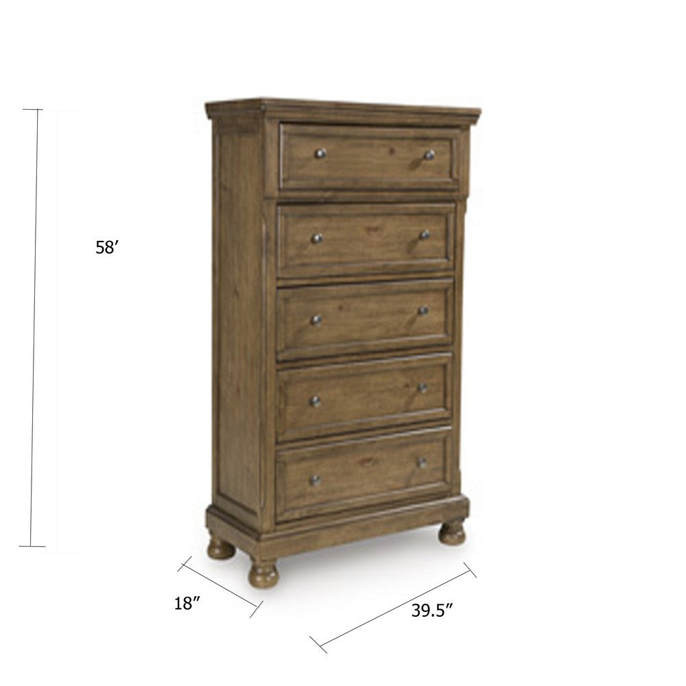Fedz Tall Dresser Chest | 5 Drawers w Pewter Gray Knobs | Chestnut Brown