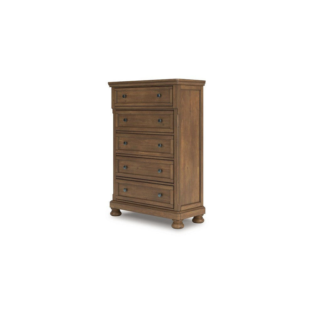 Fedz Tall Dresser Chest | 5 Drawers w Pewter Gray Knobs | Chestnut Brown