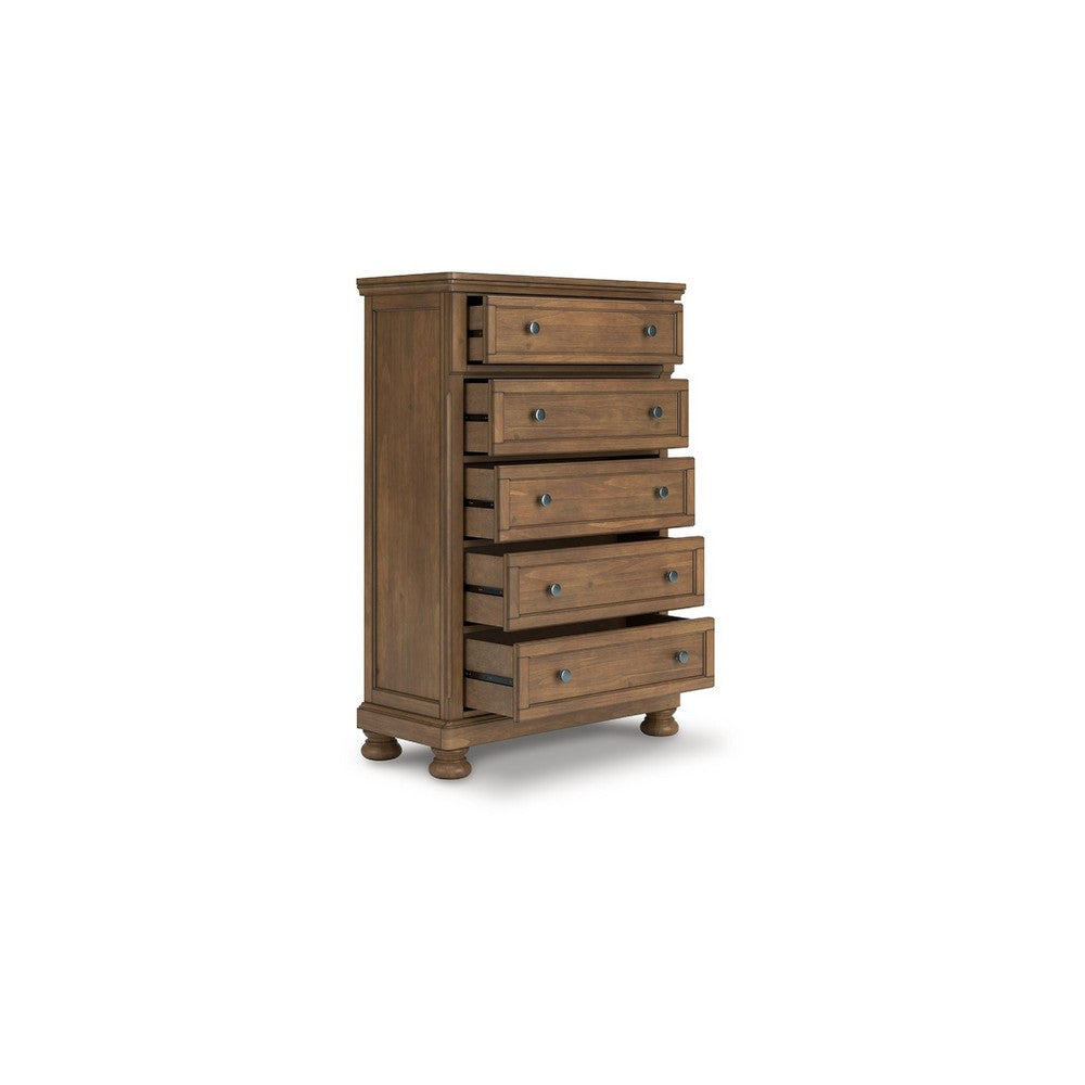 Fedz Tall Dresser Chest | 5 Drawers w Pewter Gray Knobs | Chestnut Brown