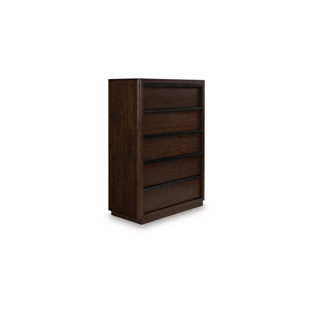Dely Tall Dresser Chest | 5 Drawers | Black Metal Rail Handles | Dark Brown