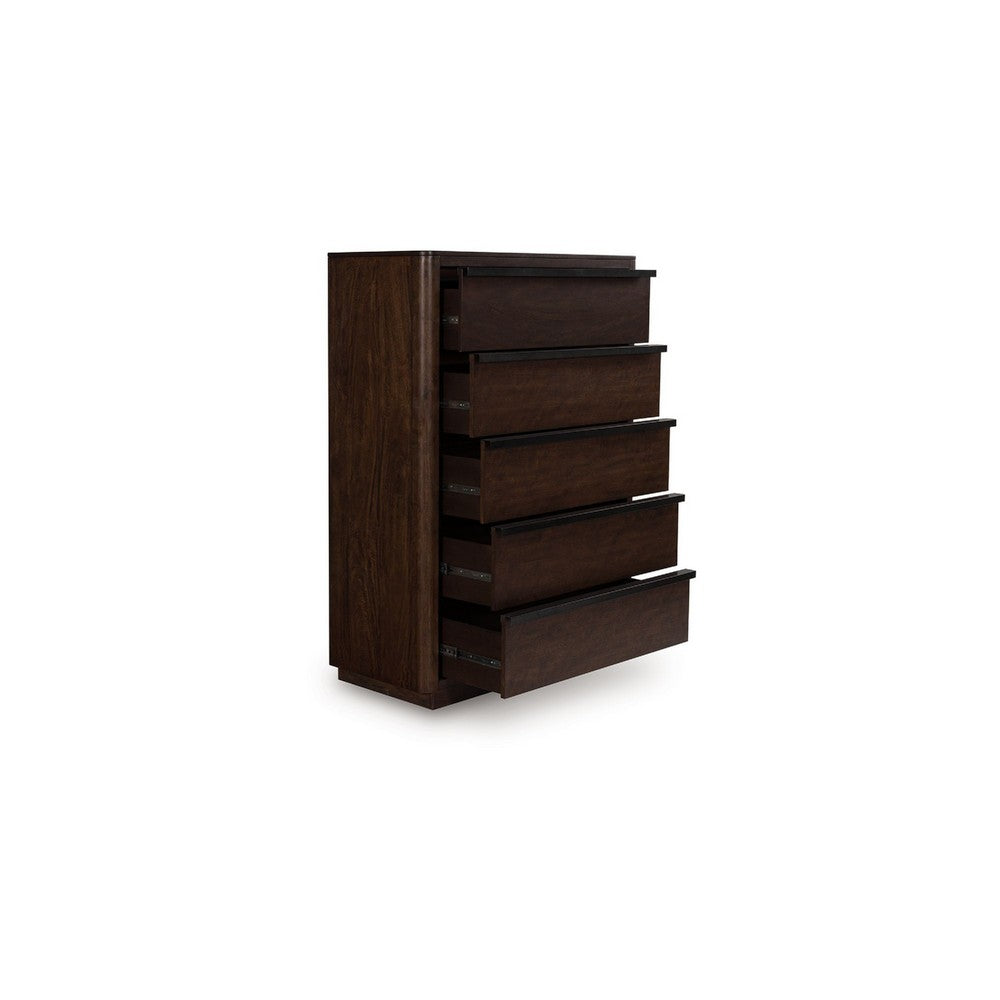 Dely Tall Dresser Chest | 5 Drawers | Black Metal Rail Handles | Dark Brown