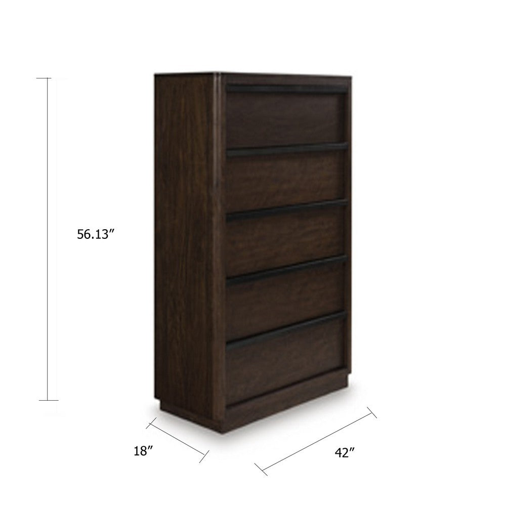 Dely Tall Dresser Chest | 5 Drawers | Black Metal Rail Handles | Dark Brown