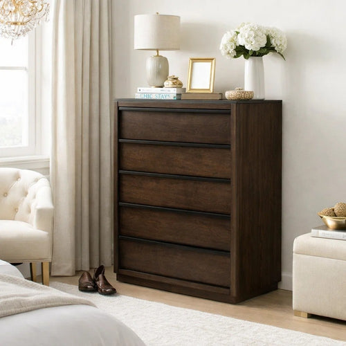Dely Tall Dresser Chest | 5 Drawers | Black Metal Rail Handles | Dark Brown