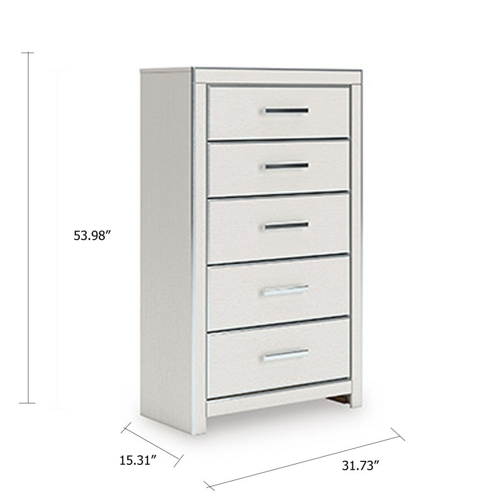 Zura Tall Dresser Chest | 5 Drawers w Modern Chrome Handles | Matte White