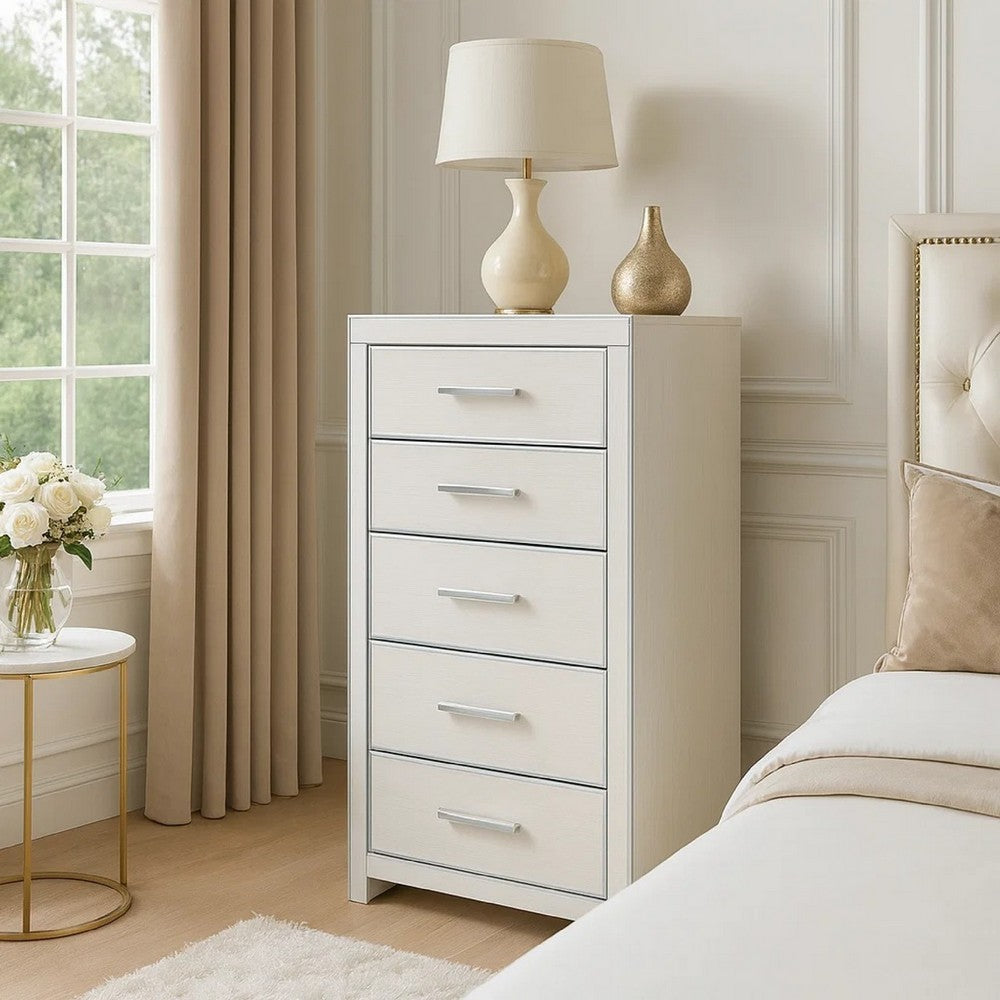 Zura Tall Dresser Chest | 5 Drawers w Modern Chrome Handles | Matte White