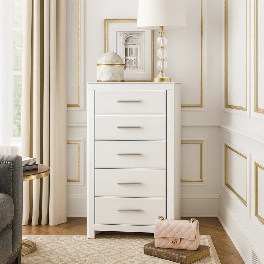 Zura Tall Dresser Chest | 5 Drawers w Modern Chrome Handles | Matte White