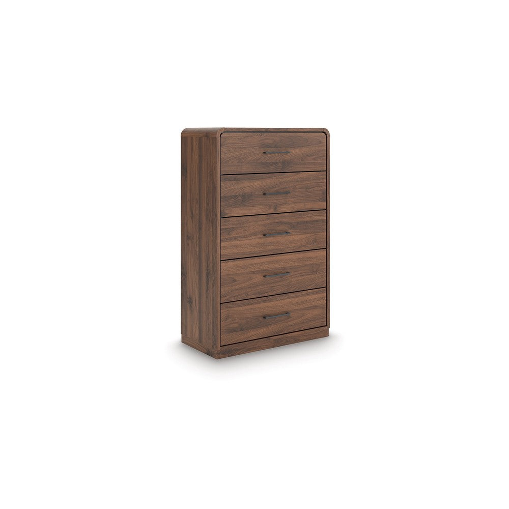 Fery Tall Dresser Chest | 5 Drawers w Black Metal Handles | Walnut Brown