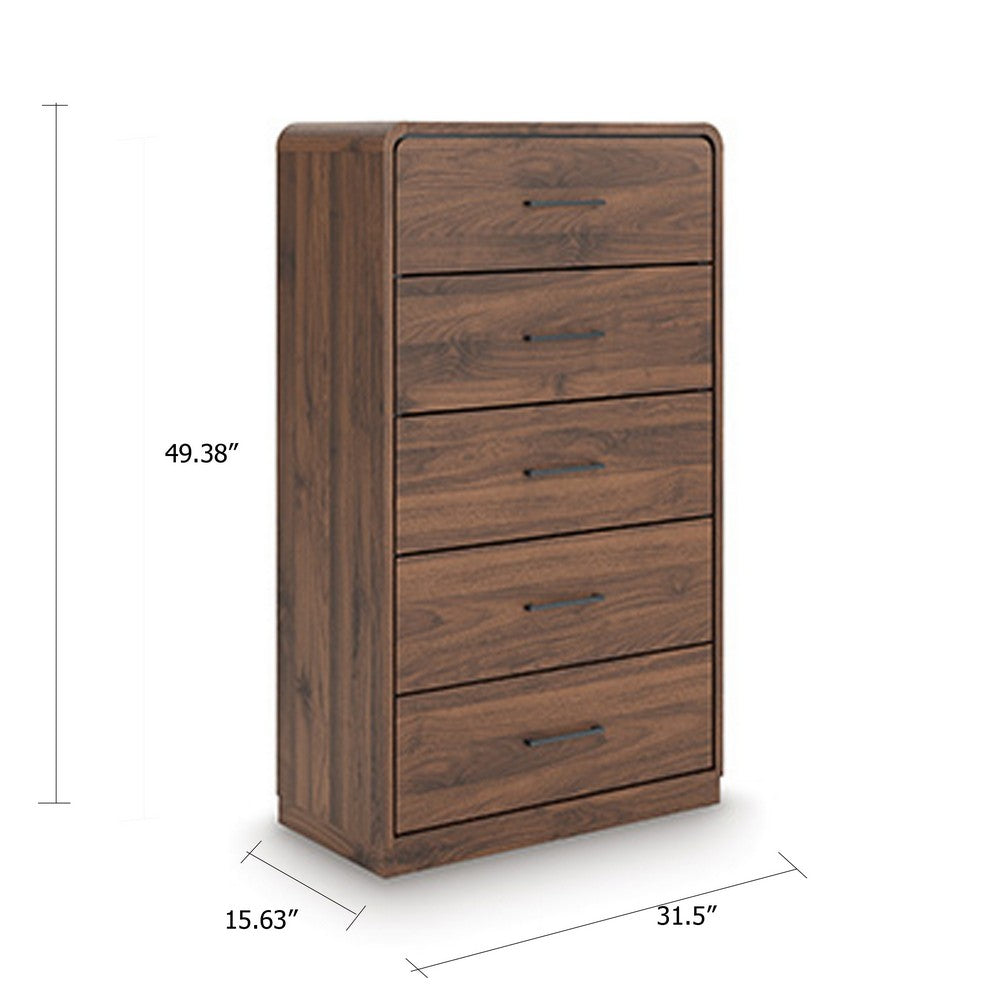 Fery Tall Dresser Chest | 5 Drawers w Black Metal Handles | Walnut Brown