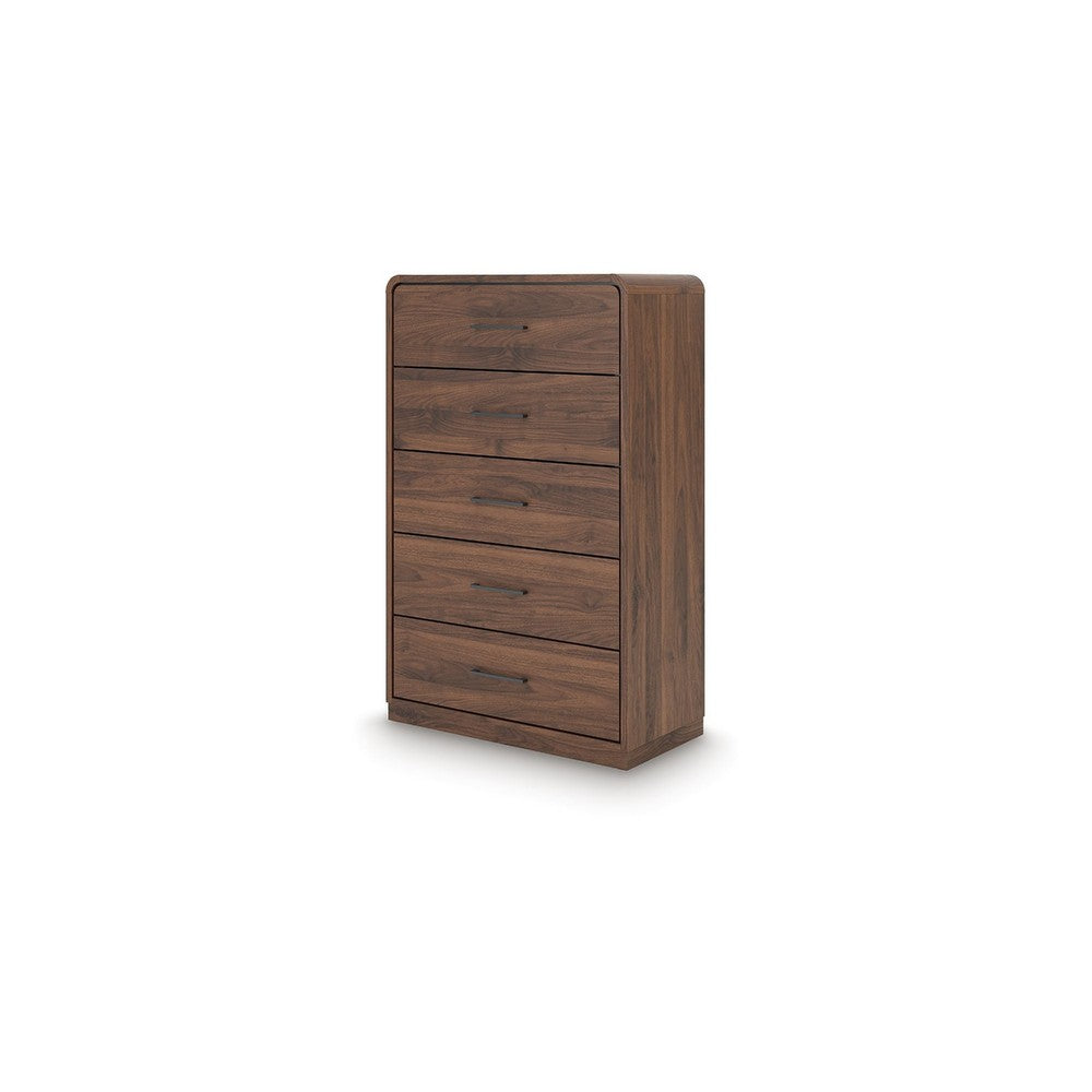 Fery Tall Dresser Chest | 5 Drawers w Black Metal Handles | Walnut Brown