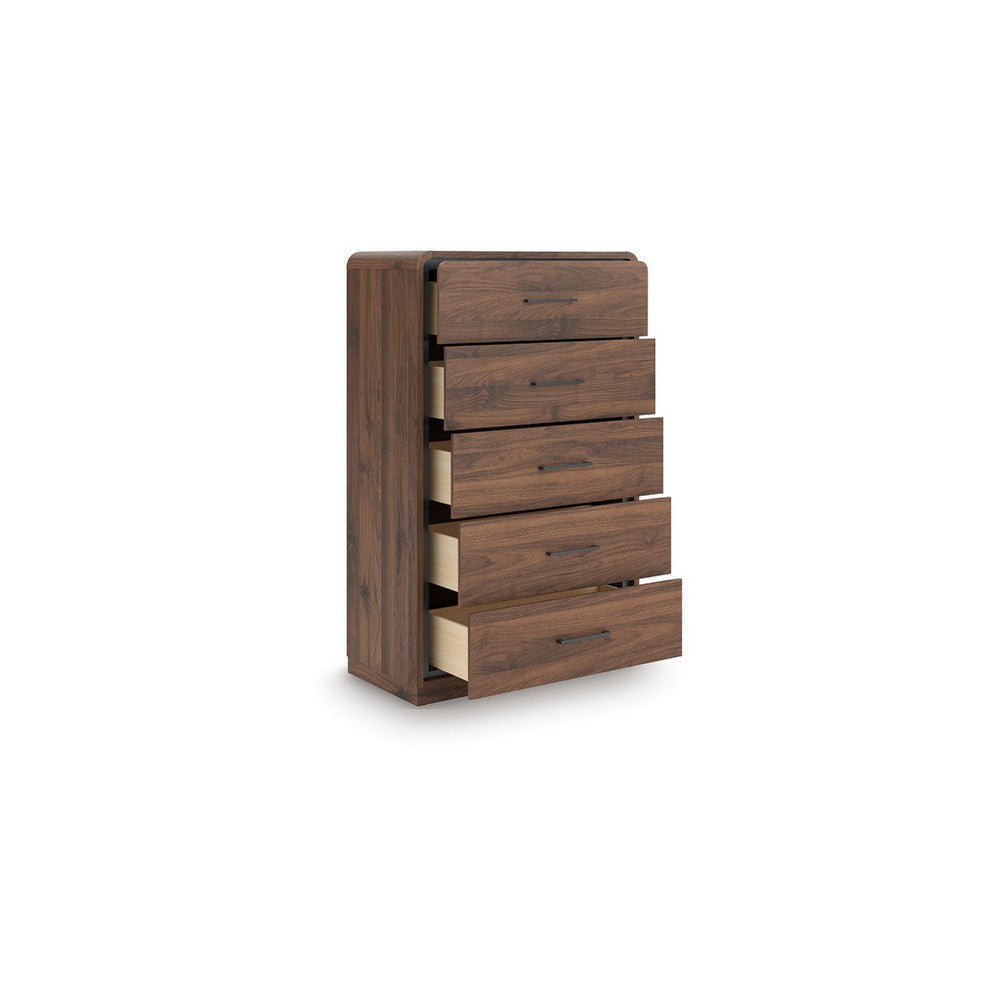 Fery Tall Dresser Chest | 5 Drawers w Black Metal Handles | Walnut Brown