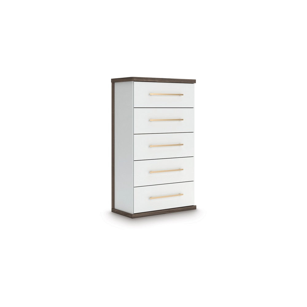 Keny Tall Dresser Chest | 5 Drawers w Gold Metal Handles | Brown & White