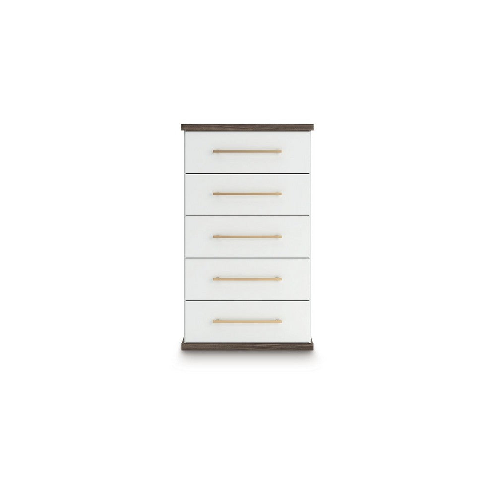 Keny Tall Dresser Chest | 5 Drawers w Gold Metal Handles | Brown & White