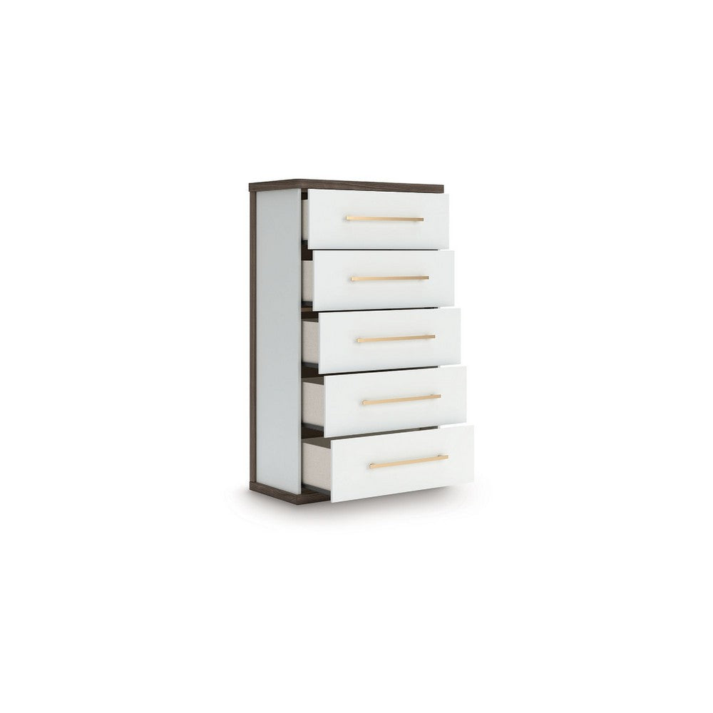 Keny Tall Dresser Chest | 5 Drawers w Gold Metal Handles | Brown & White
