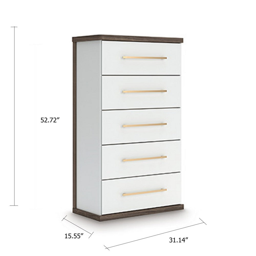 Keny Tall Dresser Chest | 5 Drawers w Gold Metal Handles | Brown & White