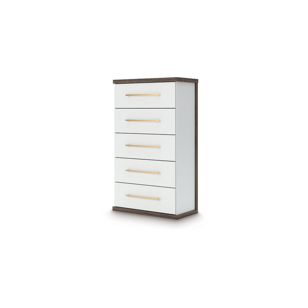 Keny Tall Dresser Chest | 5 Drawers w Gold Metal Handles | Brown & White