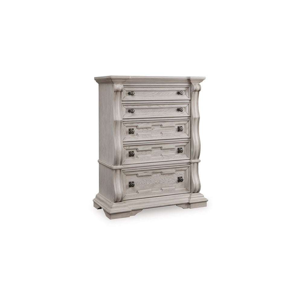 Bryl Tall Dresser Chest | 5 Drawers w Bronze Knobs | Antiqued White