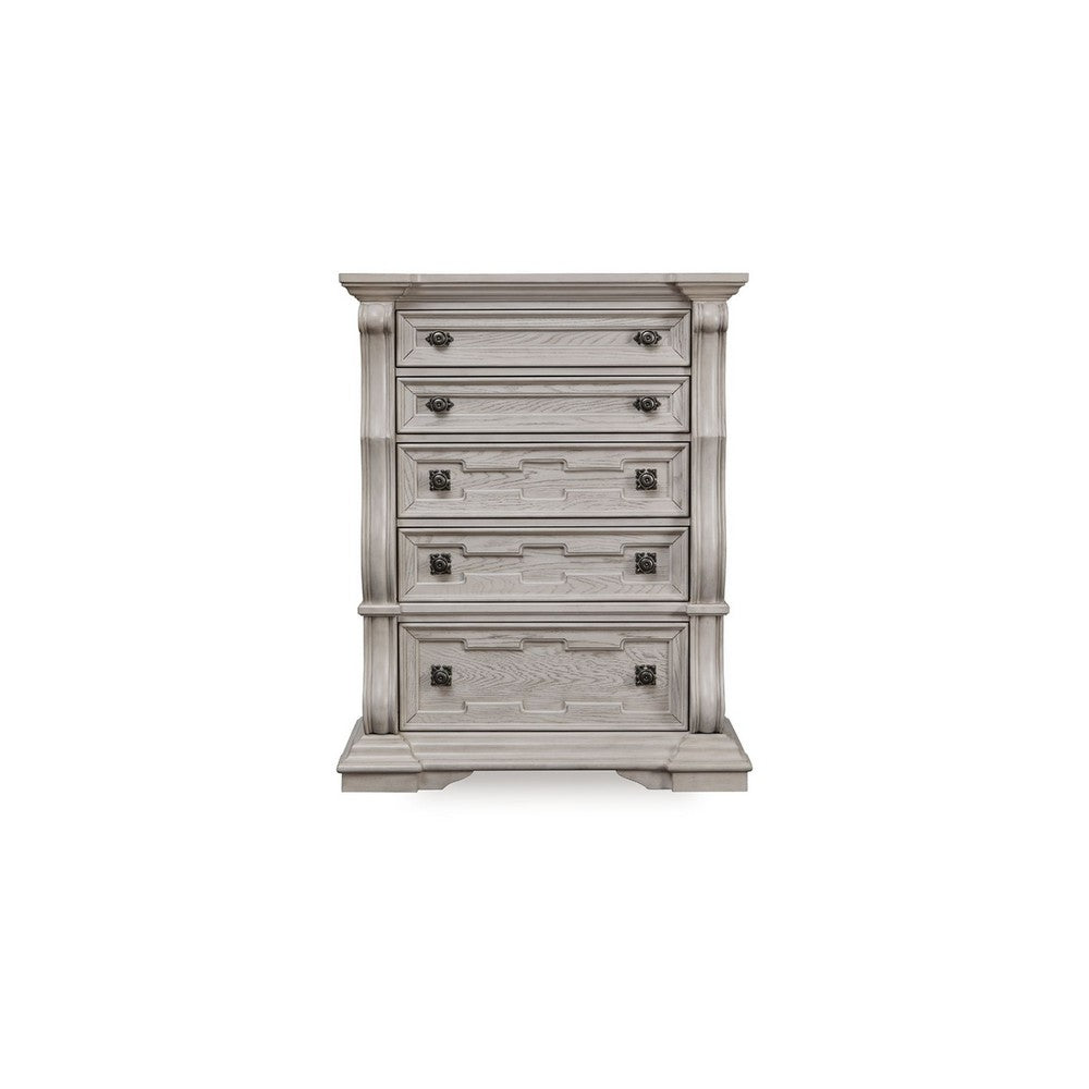 Bryl Tall Dresser Chest | 5 Drawers w Bronze Knobs | Antiqued White