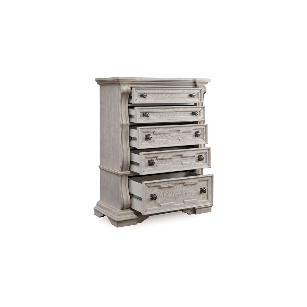 Bryl Tall Dresser Chest | 5 Drawers w Bronze Knobs | Antiqued White