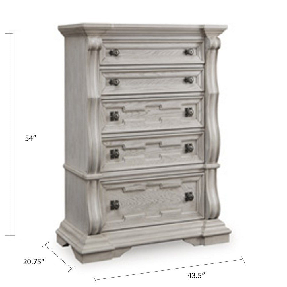 Bryl Tall Dresser Chest | 5 Drawers w Bronze Knobs | Antiqued White