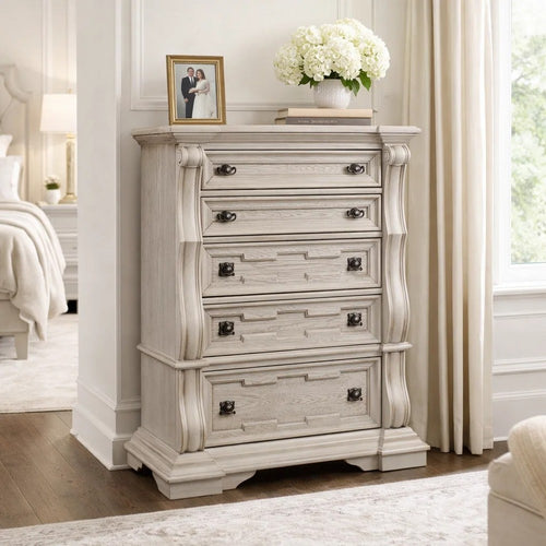 Bryl Tall Dresser Chest | 5 Drawers w Bronze Knobs | Antiqued White