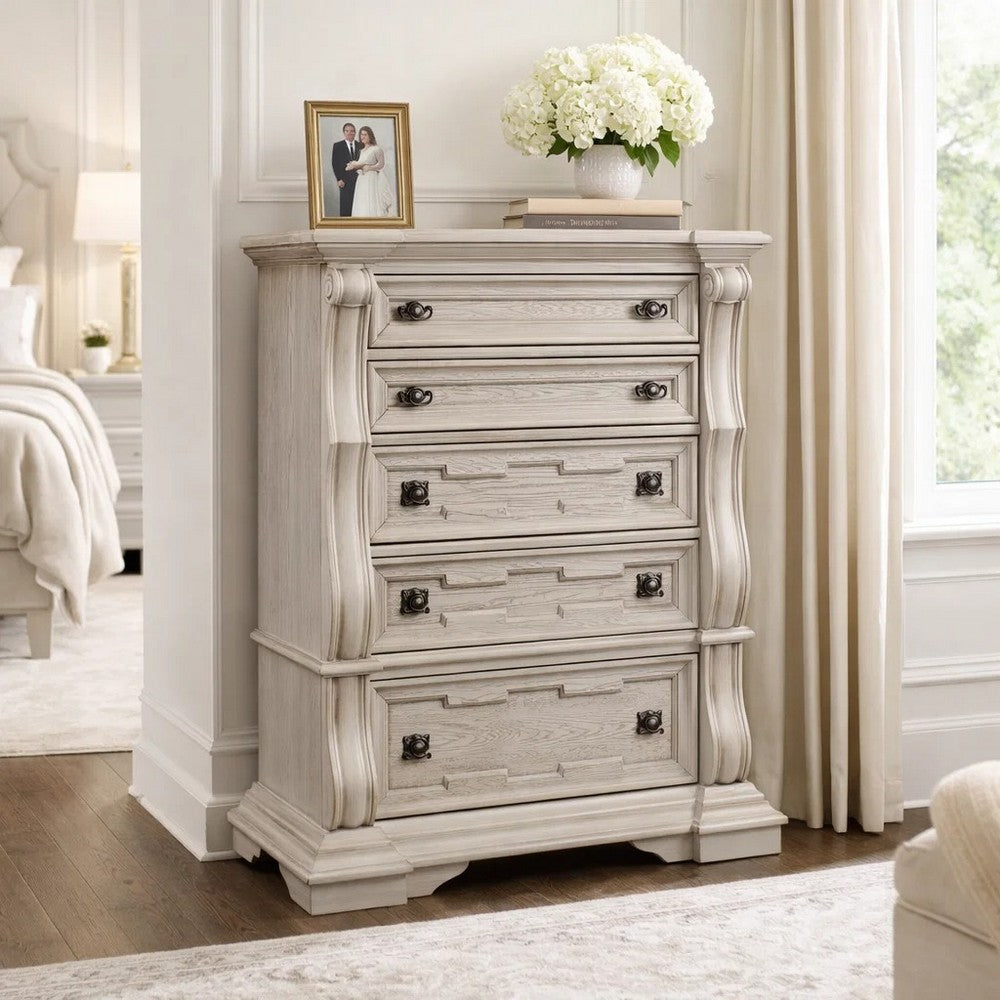 Bryl Tall Dresser Chest | 5 Drawers w Bronze Knobs | Antiqued White