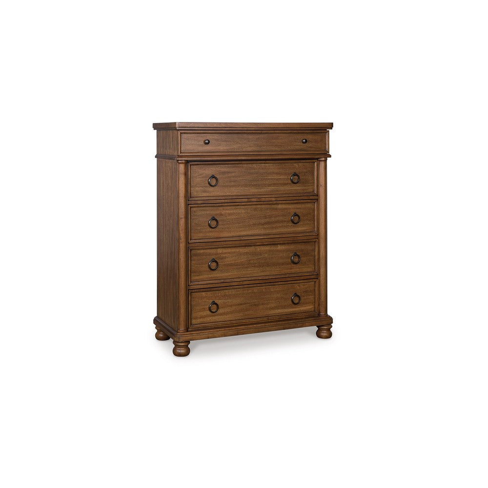 Rowy Tall Dresser Chest | 5 Drawers Pewter Gray Handles | Classic Brown