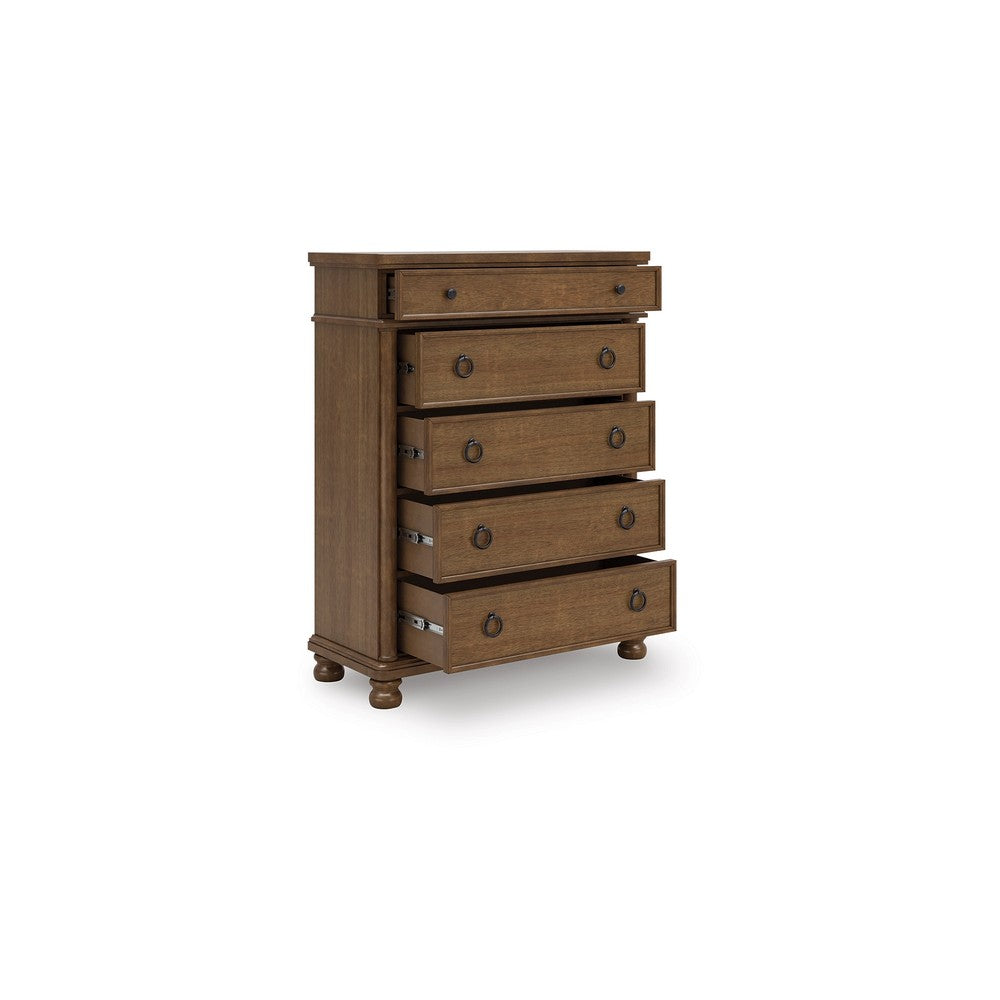 Rowy Tall Dresser Chest | 5 Drawers Pewter Gray Handles | Classic Brown