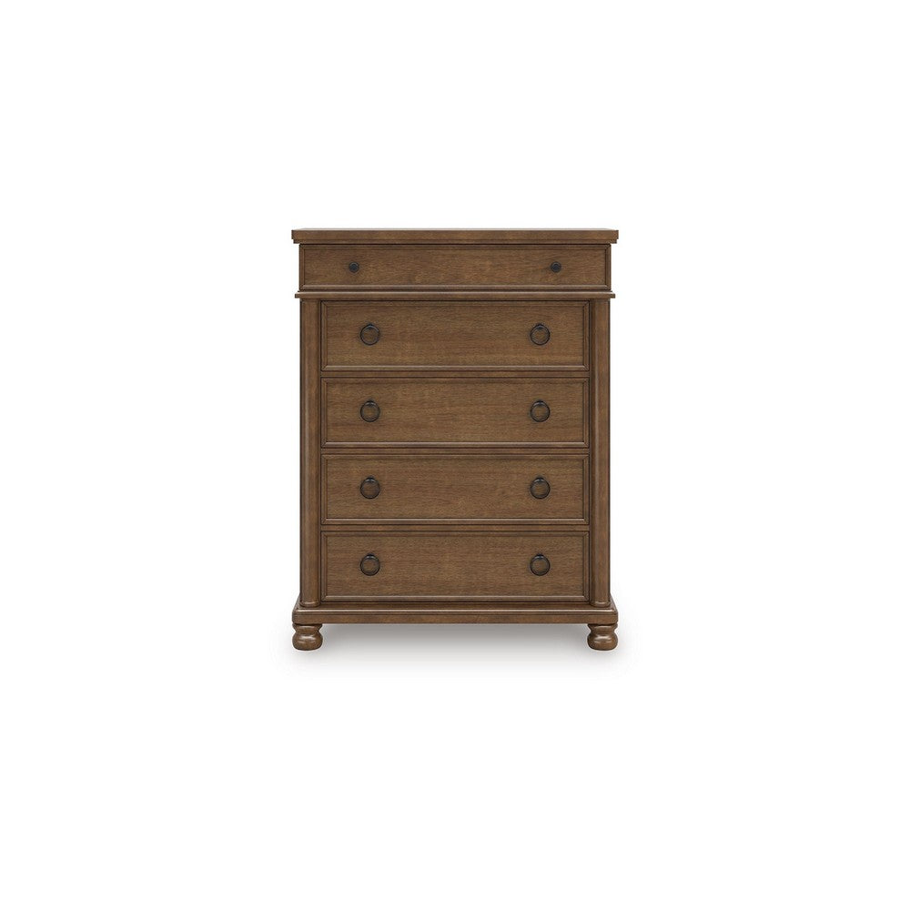 Rowy Tall Dresser Chest | 5 Drawers Pewter Gray Handles | Classic Brown