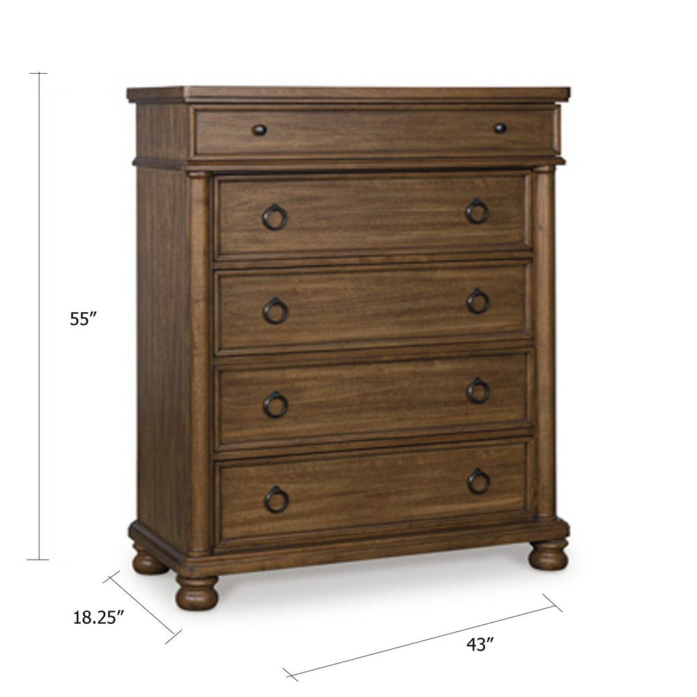 Rowy Tall Dresser Chest | 5 Drawers Pewter Gray Handles | Classic Brown