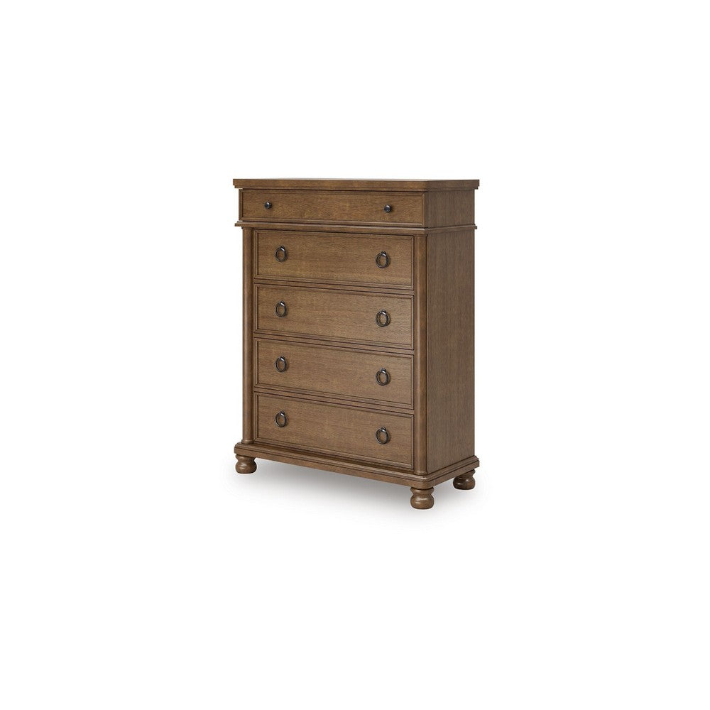 Rowy Tall Dresser Chest | 5 Drawers Pewter Gray Handles | Classic Brown