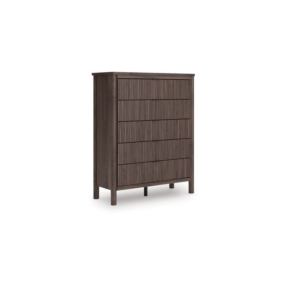 Pemy Tall Dresser Chest | 5 Reeded Front Drawers | Dark Walnut Brown