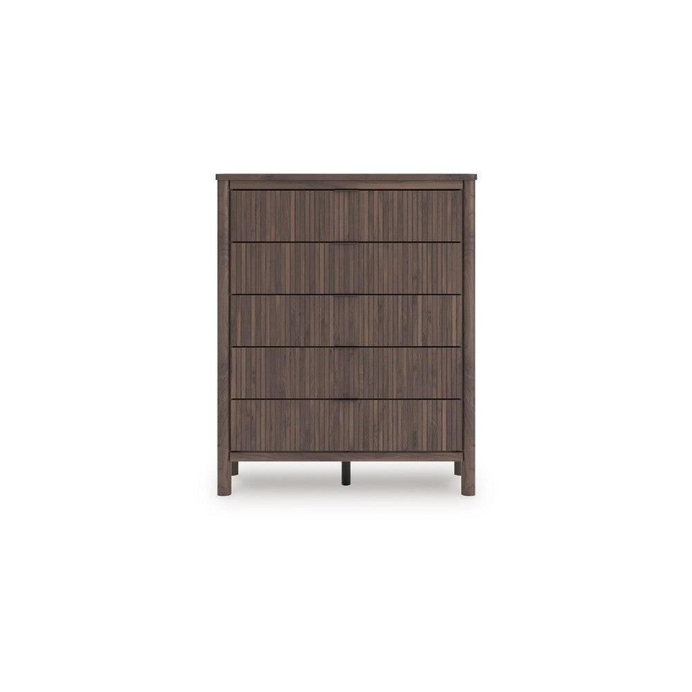 Pemy Tall Dresser Chest | 5 Reeded Front Drawers | Dark Walnut Brown