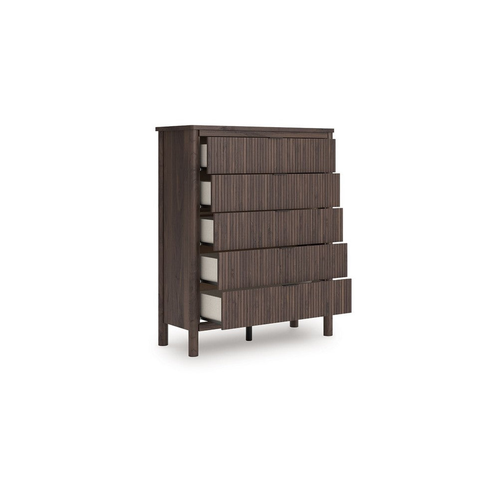 Pemy Tall Dresser Chest | 5 Reeded Front Drawers | Dark Walnut Brown