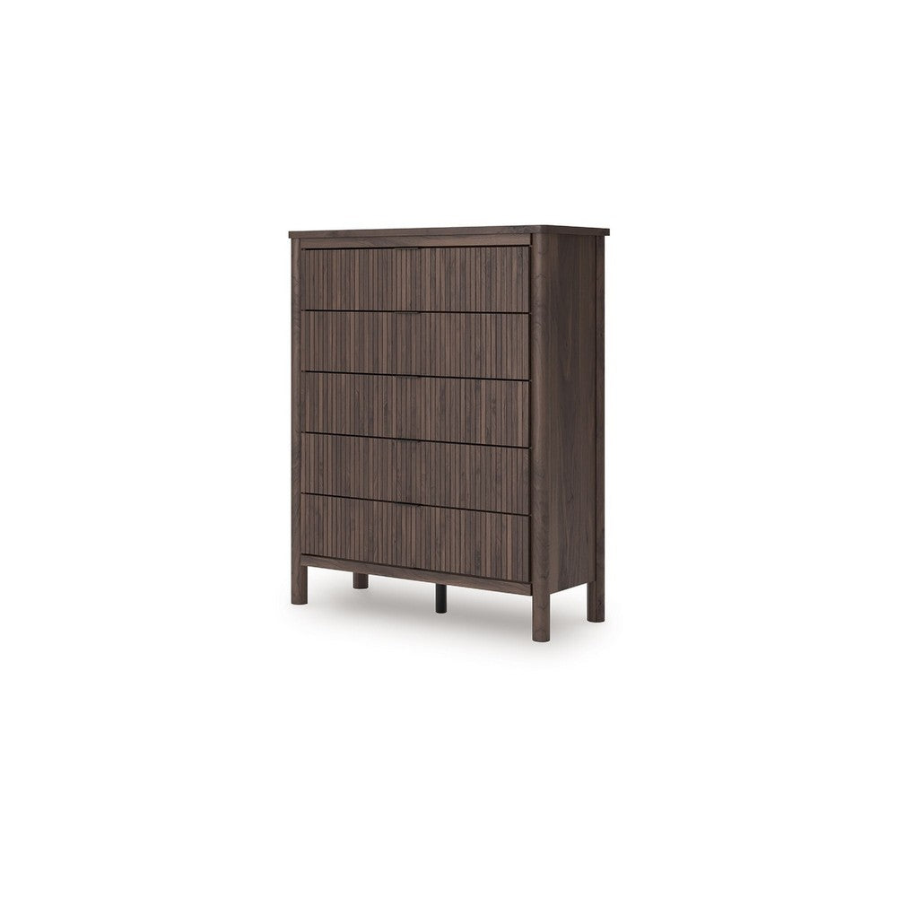Pemy Tall Dresser Chest | 5 Reeded Front Drawers | Dark Walnut Brown