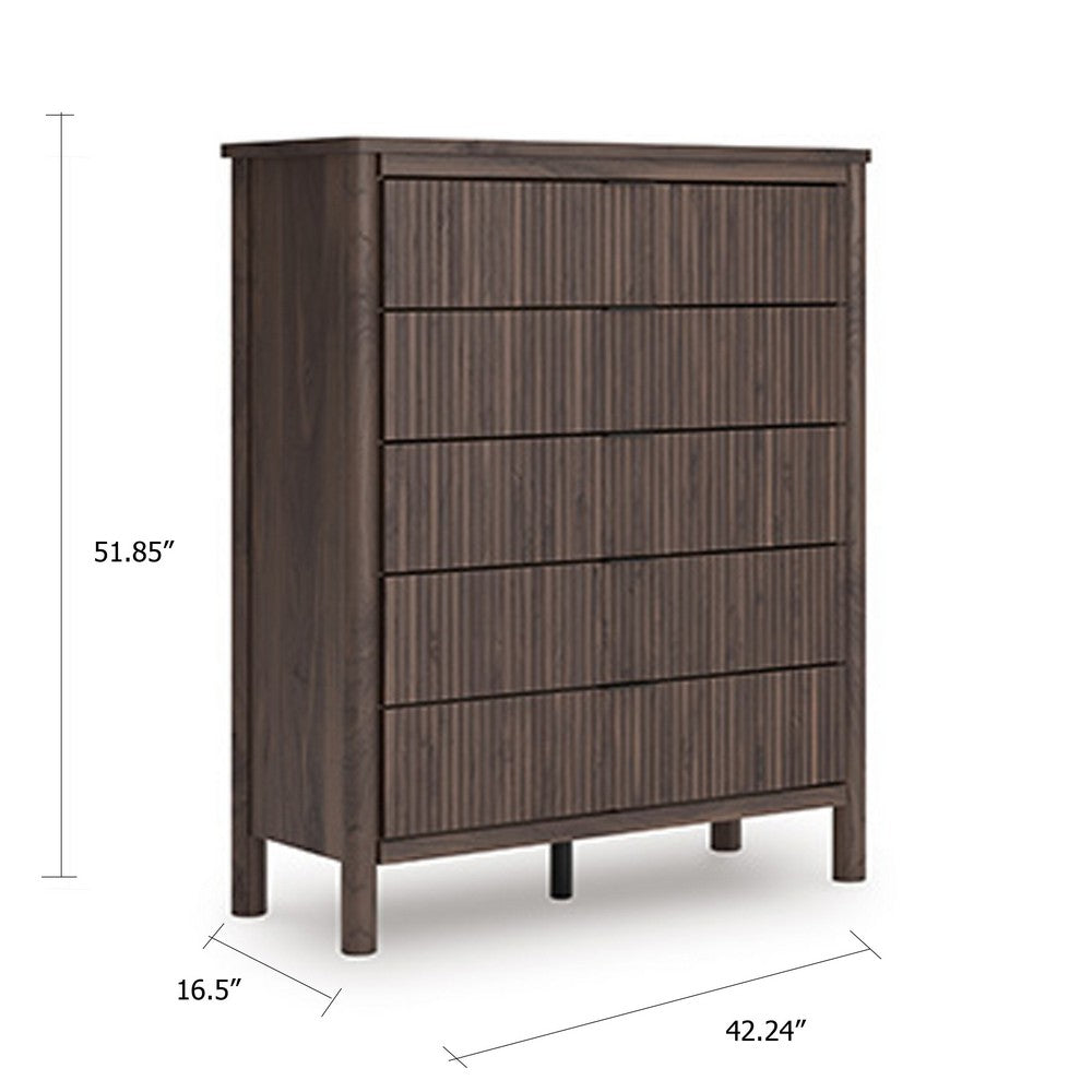 Pemy Tall Dresser Chest | 5 Reeded Front Drawers | Dark Walnut Brown