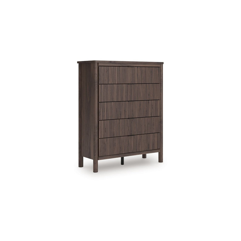 Pemy Tall Dresser Chest | 5 Reeded Front Drawers | Dark Walnut Brown