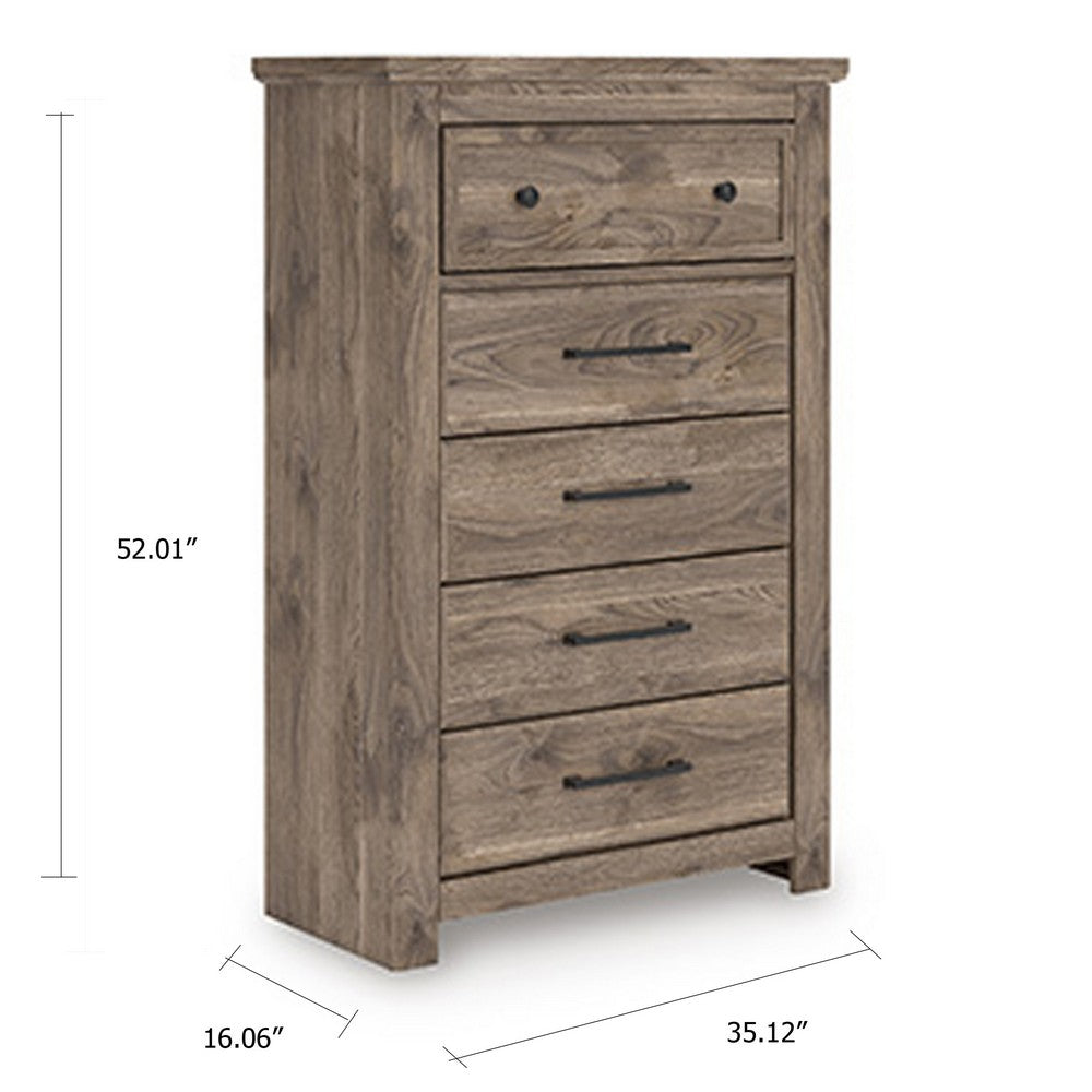 Cota Tall Dresser Chest | 5 Drawers w Dark Bronze Handles | Deep Brown