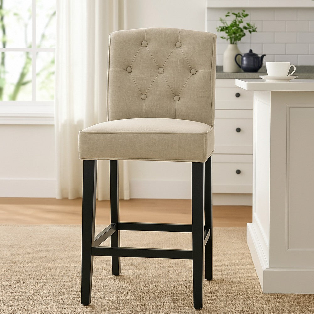 Kiy Counter Height Chair Set of 2 | Tufted Beige Seat | Black Wood Legs