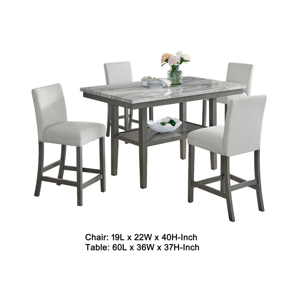 Jeny 5pc Counter Height Dining Set | Gray Seats | 60" Faux Marble Top