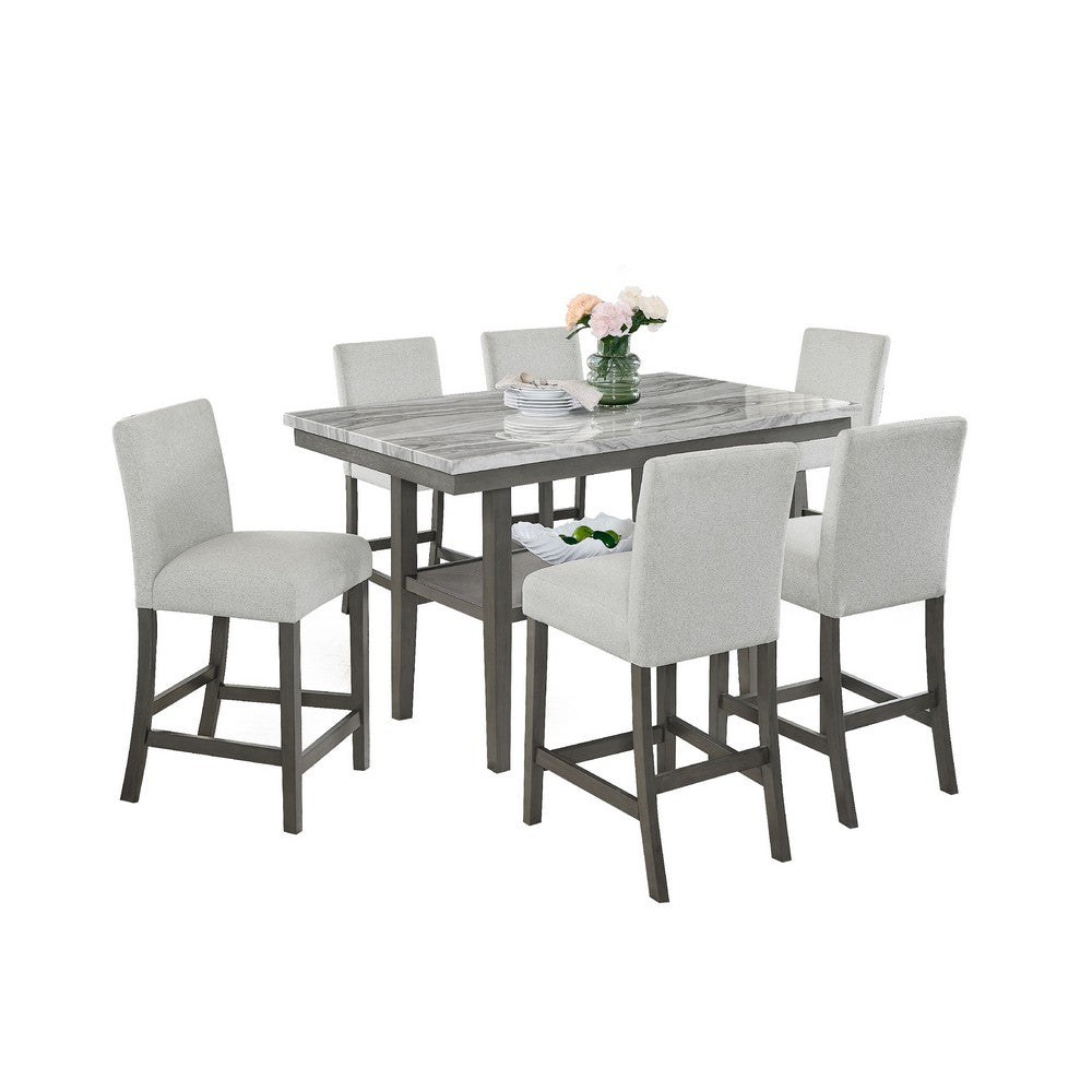 Jeny 7pc Counter Height Dining Set | Gray Seats | 60" Faux Marble Top
